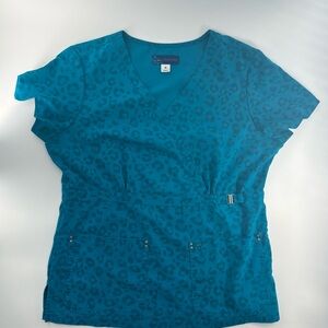 Women’s Blue Cheetah Print V-Neck Two Pocket Scrub Too